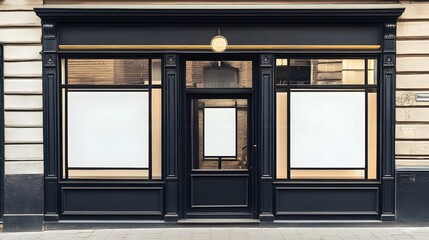 Modern European shop exterior with sleek architectural design, neutral tones, and abundant copy space, highlighted by natural light and a clean, minimalistic aesthetic