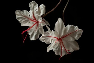 Fototapeta premium Delicate white flowers with vibrant red stamens against a dark background create a stunning visual contrast