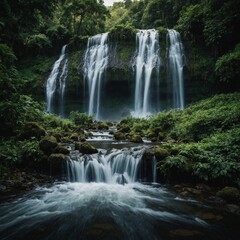 Frame a majestic waterfall surrounded by lush greenery.