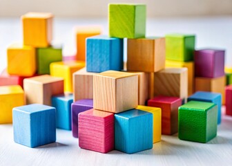 Obraz premium Minimalist Wooden Blocks Stacked on White Background - Simple Child's Play Concept