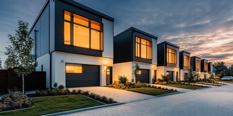 Modern townhouses, architectural design, twilight scene, warm glowing windows, contemporary facades, geometric shapes, urban residential development, blue hour lighting, symmetrical composition, minim