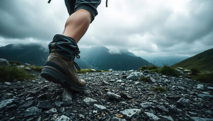 Hiker trekking through rocky path mountain region adventure photography cloudy atmosphere ground level view