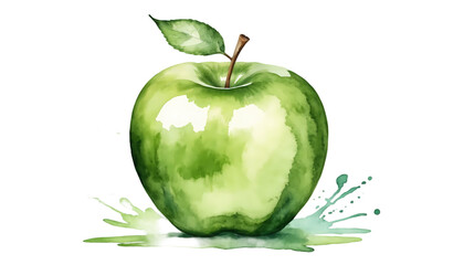 Artistic Watercolor Green Apple with Leaf Transparent Background