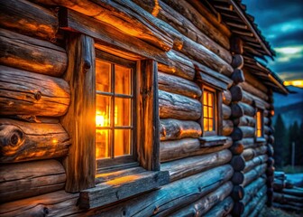 Historic BC log cabin glows under a low-light night sky, rustic charm captured in night photography.