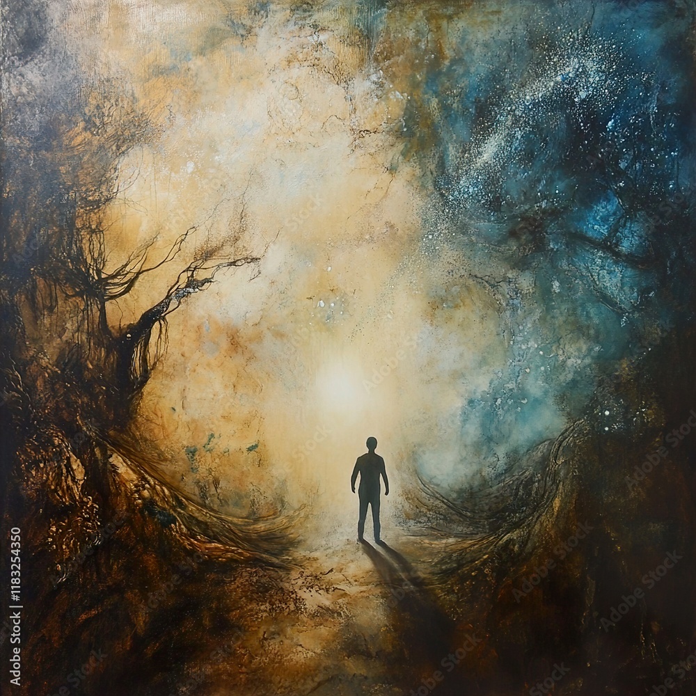 Wall mural A solitary figure on a path between light and dark, a journey of hope and dreams.