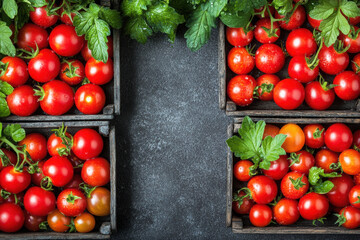 Fresh red tomatoes arranged in wooden crates, surrounded by green herbs on a dark surface, showcasing vibrant colors and natural produce.