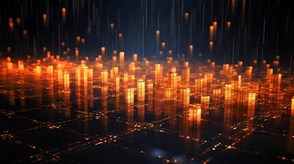 Fototapeta premium Abstract Digital Cityscape: Glowing Orange Towers and Data Streams