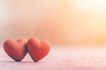 Fototapeta premium Two Red Glittery Hearts on Soft Bokeh Background for Valentine's Day - Shimmering Love Symbol with Macro Photography in 8K Resolution, Dreamy and Sentimental Holiday Atmosphere