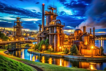 Fototapeta premium Gas Works Park at night: a breathtaking panorama of illuminated steel structures against Seattle's brilliant cityscape.