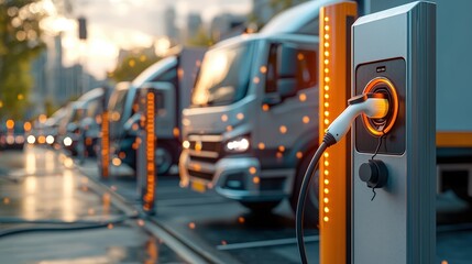 Depict a fleet of electric delivery trucks parked at charging stations in an urban setting