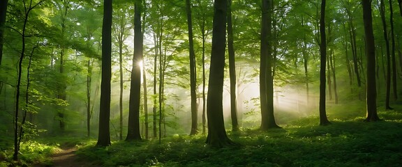 Fototapeta premium Sunlight streams through a dense green forest, illuminating the forest floor with a golden glow.growth, harmony, inspiration, sunbeam, sunlight, nature, forest, tree, 345