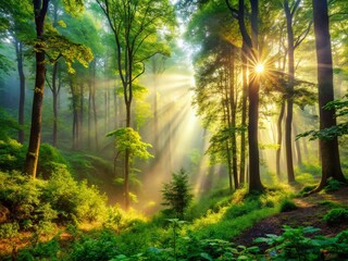 Obraz premium Misty Forest Landscape: Tranquil Nature Scene with High Depth of Field