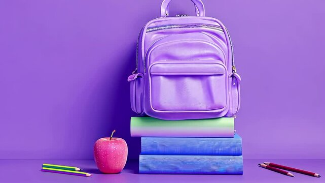 Monochromatic purple composition featuring a backpack, pencils, an apple, and a stack of books against a matching purple background.