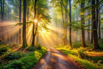 Fototapeta premium Misty Morning Forest Path: Long Exposure Photography of Sunbeams Through Trees