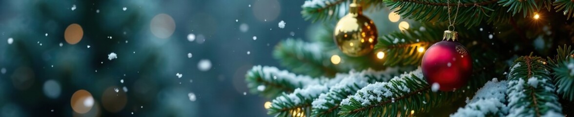 Snowflakes gently fall on a decorated Christmas tree, christmas tree, evergreen, snowflakes