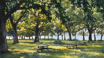 Obraz premium Picnic Paradise: Open, lush grassy areas with picnic tables under towering oak and maple trees offer a perfect, peaceful retreat for picnics and outdoor relaxation. 