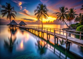 Obraz premium Long exposure captures a dreamy tropical sunset, blurring beach huts, palms, and a wooden bridge.
