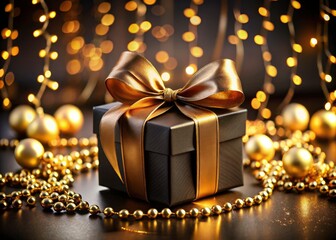 Long-exposure photography highlights a luxurious black gift box, its golden bow a radiant accent.