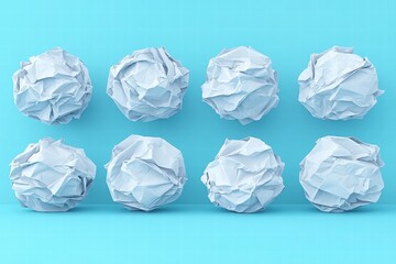 A flat lay of crumpled white paper balls arranged on a teal background, showcasing texture and form.