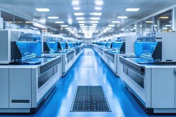 Naklejka premium A modern laboratory filled with advanced machinery, illuminated by bright lights, creating a high-tech and sterile environment.