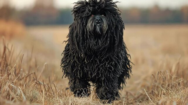 Majestic black puli dog in autumn field - nature and pet photography AI