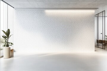 Modern white brick wall office interior, empty space, sunlight, plant