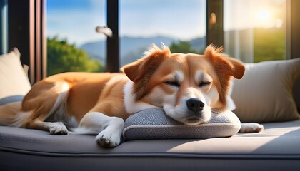 A peaceful dog rests on a cushion, basking in the warm sunlight by a window, creating a serene and cozy atmosphere.