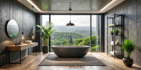 Fototapeta premium Modern shower and matte black freestanding tub define this panoramic luxury bathroom's stunning design.