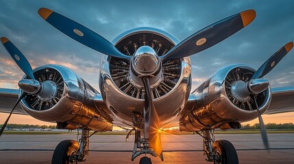 Vintage propeller plane sunset airport