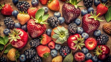 Fototapeta premium Ripe summer berries in a retro still life photo; a vintage collage of juicy fruit.