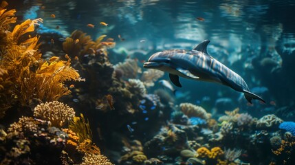 Fototapeta premium Graceful Dolphin Swimming Through Vibrant Coral Reef with Colorful Marine Life and Rich Underwater Scenery Captured in Stunning Clarity