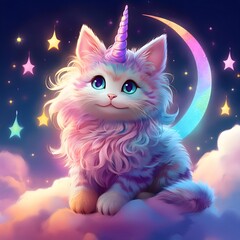 Dreamy Unicorn Cat, A fluffy, pastel-colored cat with a sparkling unicorn horn, sitting on a fluffy cloud surrounded by shooting stars and a crescent moon, animal fantasy