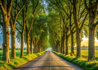 Fototapeta premium North Brabant's rural road winds through tall summer trees, a cloudy Dutch landscape painting.