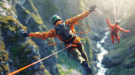 Bold Adventurer: A thrill-seeker leaping off cliffs for a bungee jump, chasing adrenaline and freedom with every heart-pounding moment, embracing the thrill of life.
