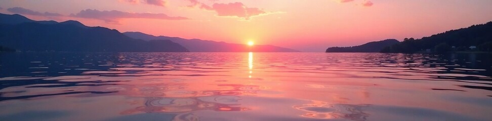Fototapeta premium Soft pink and orange hues of a sunset merge with gentle waves in a serene lake, still life, nature, warm colors