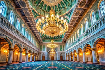 Obraz premium The Sultan Qaboos Grand Mosque in Muscat: An architectural masterpiece showcasing Islamic design, prayer hall grandeur, and stunning photographic opportunities.
