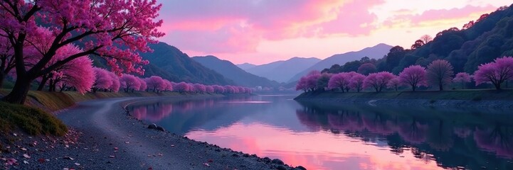 Naklejka premium Soft pink hues spread across riverbank at dusk, arashiyama, beachy, peaceful
