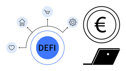 Decentralized finance DEFI concept with icons including euro currency, computer, home, shopping cart, gear, and heart, connected in a circular layout. Ideal for financial technology, blockchain
