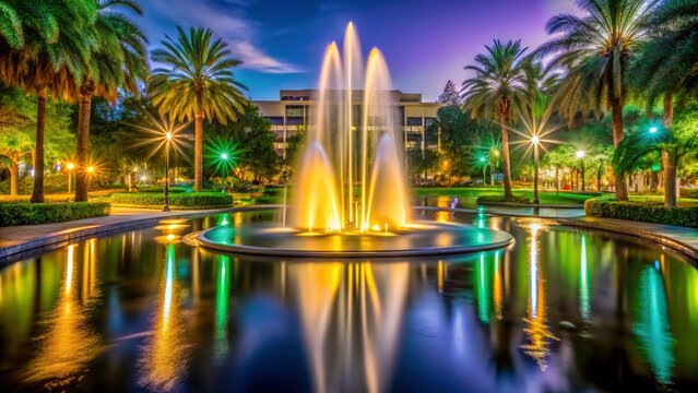 UCF Orlando's Night Fountain:  Long exposure photography transforms colorful lights into mesmerizing water reflections.