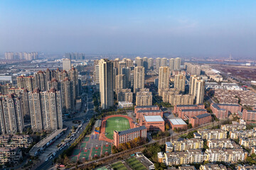 City skyline view under haze