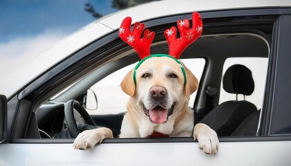 A cheerful dog with reindeer antlers peeks out of a car window, embodying a festive spirit during the holiday season.