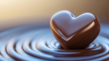 Richly-Glazed Chocolate Heart Gently Resting in Melted Chocolate: Close-up 3D Render. AI Generated