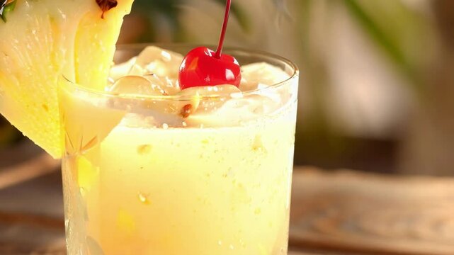 Pina Colada cocktail on a rustic wooden surface with tropical garnishes in sun-kissed Puerto Rican ambiance