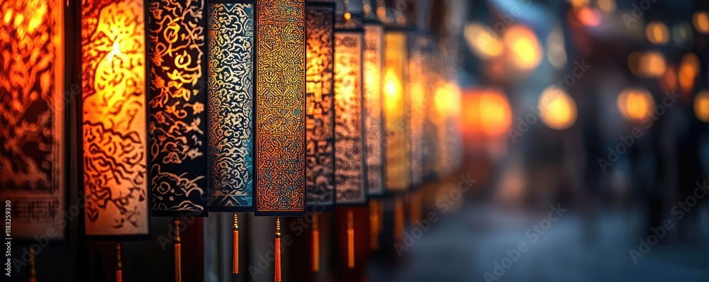 Poster chinese new year lighting idea. illuminated lanterns create a vibrant ambiance in a bustling marketp