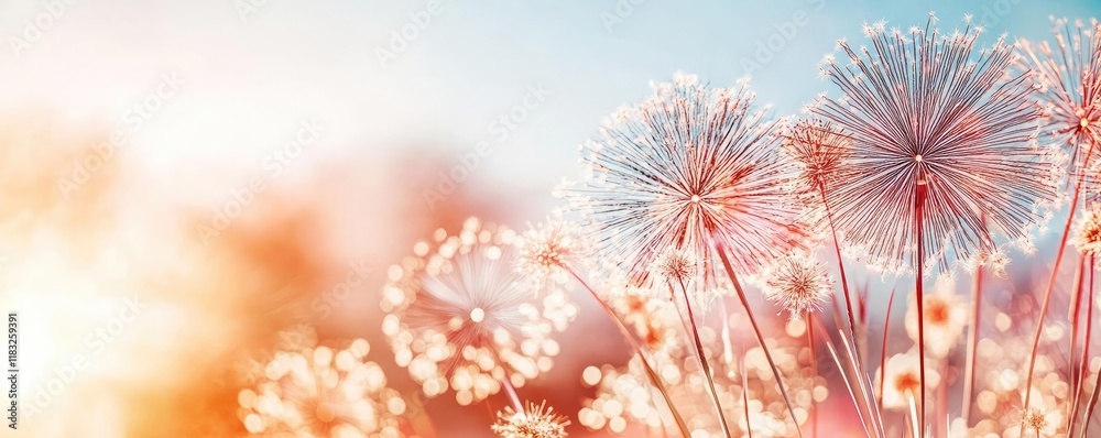 Poster Chinese new year fireworks concept. Delicate dandelion seeds illuminated by soft sunlight, creating a beautiful spring scene.