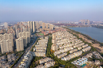 City skyline view under haze