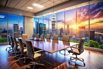 Modern Conference Room with City View & Large Screen for Business Presentations