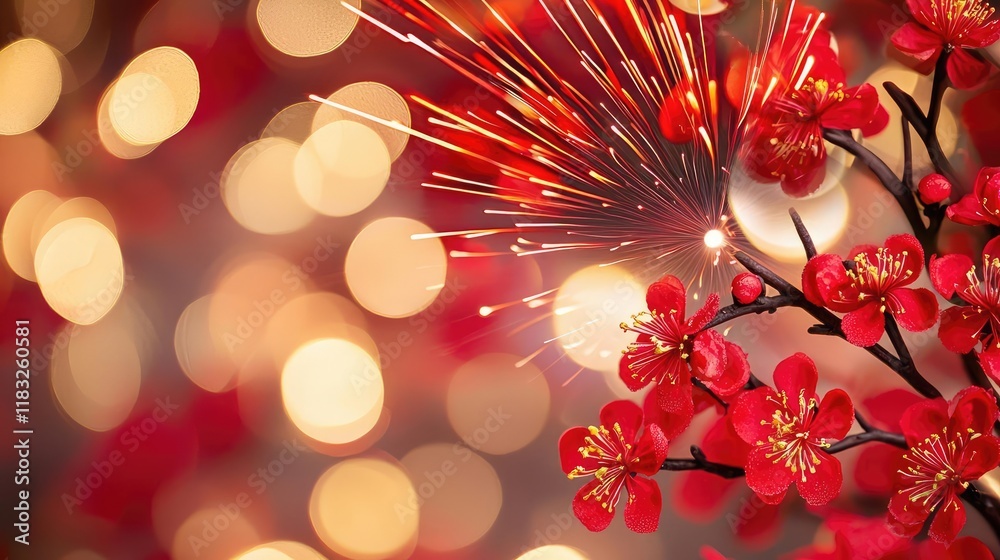 Poster chinese new year fireworks concept. vibrant red flowers with bokeh lights creating a festive atmosph