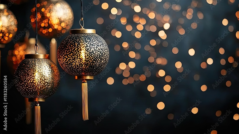 Poster chinese new year lighting idea. elegant hanging lanterns illuminating a serene evening atmosphere wi