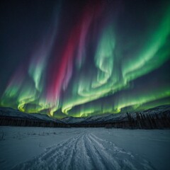 Photograph the northern lights dancing over a snowy landscape.